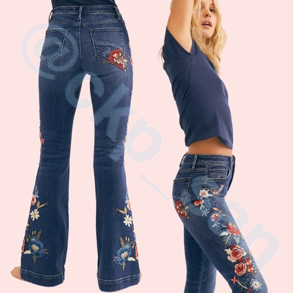 Free People x Driftwood Farrah Embroidered Flare Jeans Sz 28